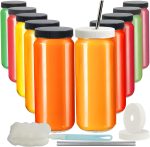16oz 8 Pack Drinking Glasses with Bamboo Lids and Straw, RUCKAE Beer Can Glass Cups,Iced Coffee Cup,Glass Tumbler with Straw and Lid, Can Shaped Glass Cups for Beer,Smoothies,Cocktail,Whiskey